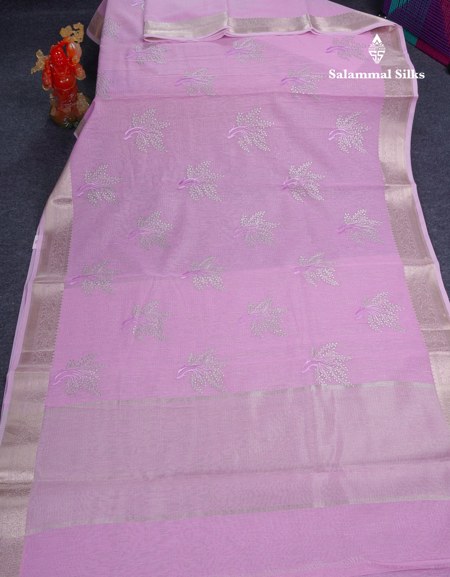 Beautiful Sapphire Green Embroidery Work Mixed Cotton Saree With Small Border