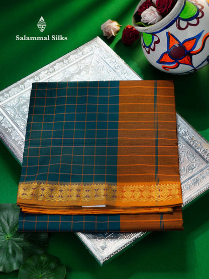 Beautiful Peacock Blue Thread Checks Semi Silk Cotton Saree With Mustard Yellow Traditional Small border