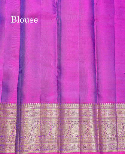 Pure Kanjivaram Silk Saree - Peacock Blue Colour Body With Butta & Contrast Vadamalli Long Border