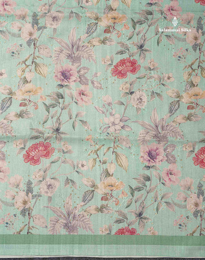 Cream Green Pure Fancy Tussar Saree With Floral Print Blouse