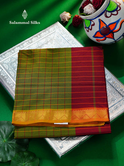 Beautiful Violet Thread Checks Semi Silk Cotton Saree With Mustard Yellow Traditional Small Border