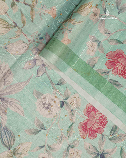 Cream Green Pure Fancy Tussar Saree With Floral Print Blouse