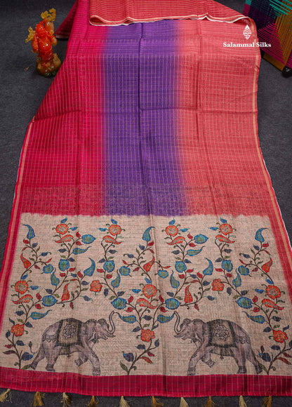 Multicolour Fancy Body Checks Cotton Mix Saree With Floral Kalamkari Blouse