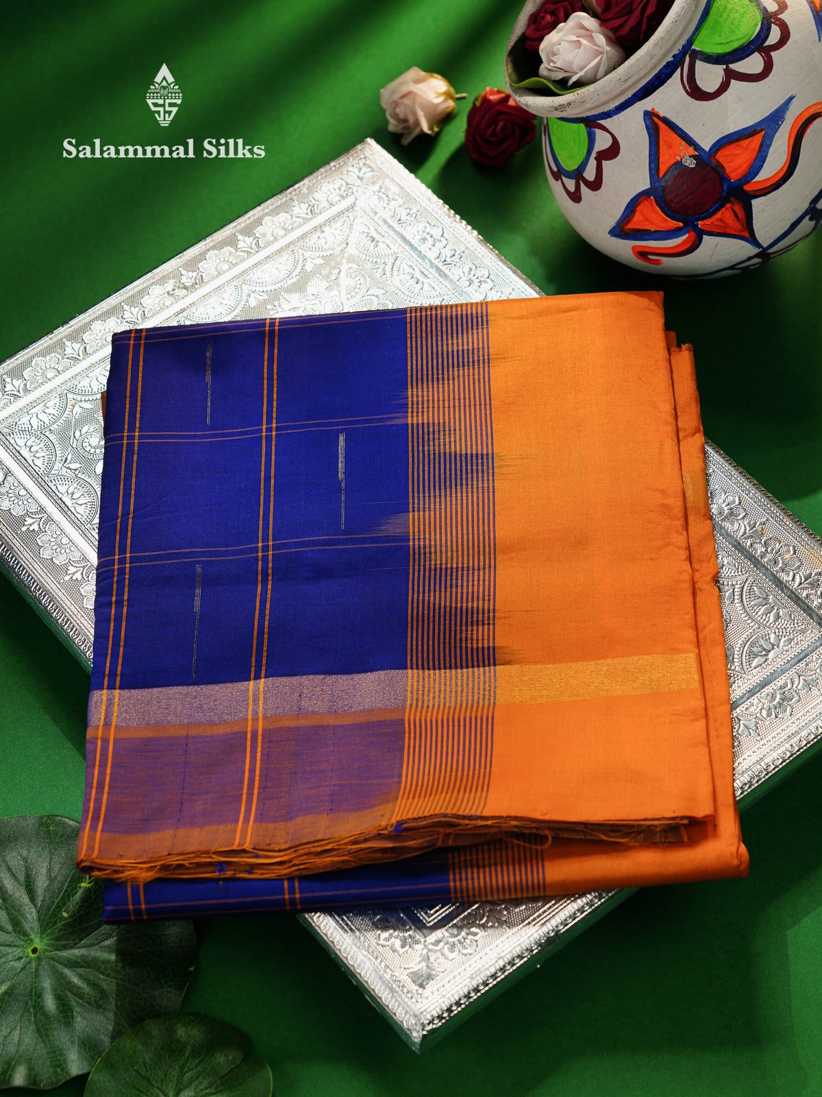 Beautiful Royal Blue Checks And Rain Drops Buttas Semi Silk Cotton Saree With Mango Yellow Border
