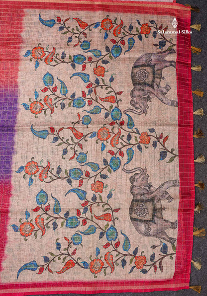 Multicolour Fancy Body Checks Cotton Mix Saree With Floral Kalamkari Blouse