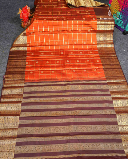 Pure Kanjivaram Silk Saree - Rust Orange Colour Body Checks With Butta & Contrast Dark Brown Long Border