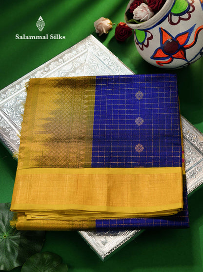 Beautiful Royal Blue Traditional Checks And Buttas Handloom Pure Silk Cotton Saree With Yellow Evening Morning Border