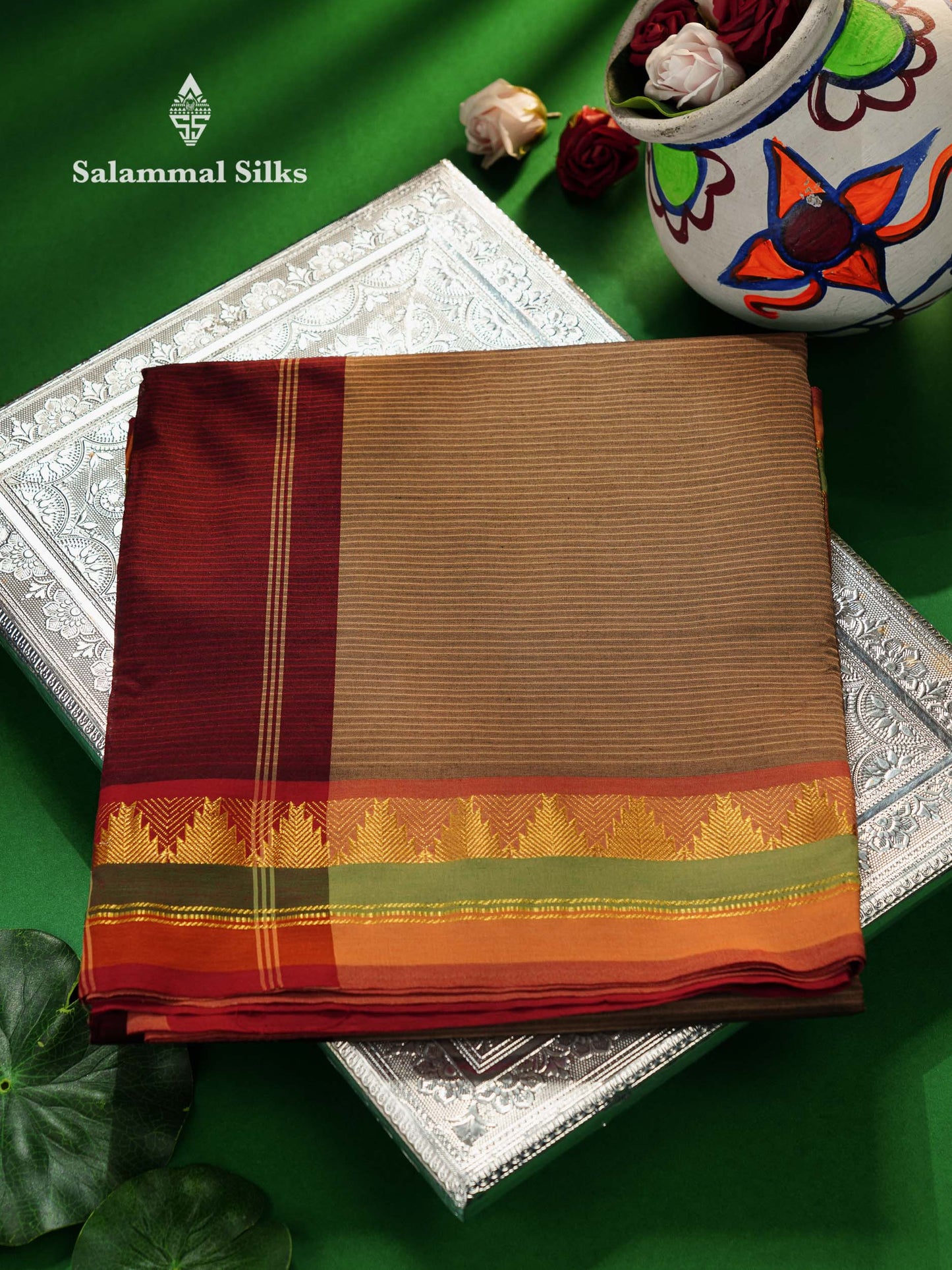 Beautiful Light Chocolet Thread Lines Semi Silk Cotton Saree With Maroon Traditional Temple Border