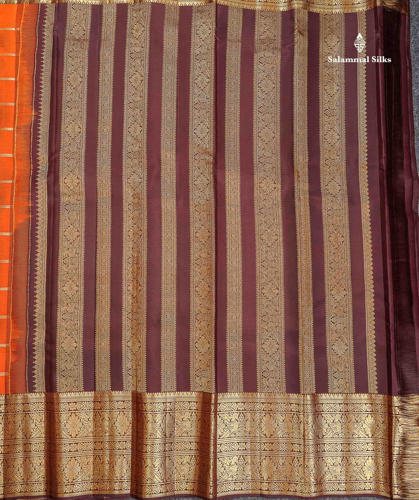 Pure Kanjivaram Silk Saree - Rust Orange Colour Body Checks With Butta & Contrast Dark Brown Long Border
