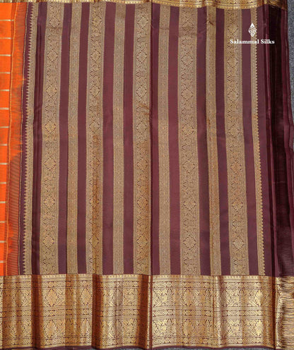 Pure Kanjivaram Silk Saree - Rust Orange Colour Body Checks With Butta & Contrast Dark Brown Long Border