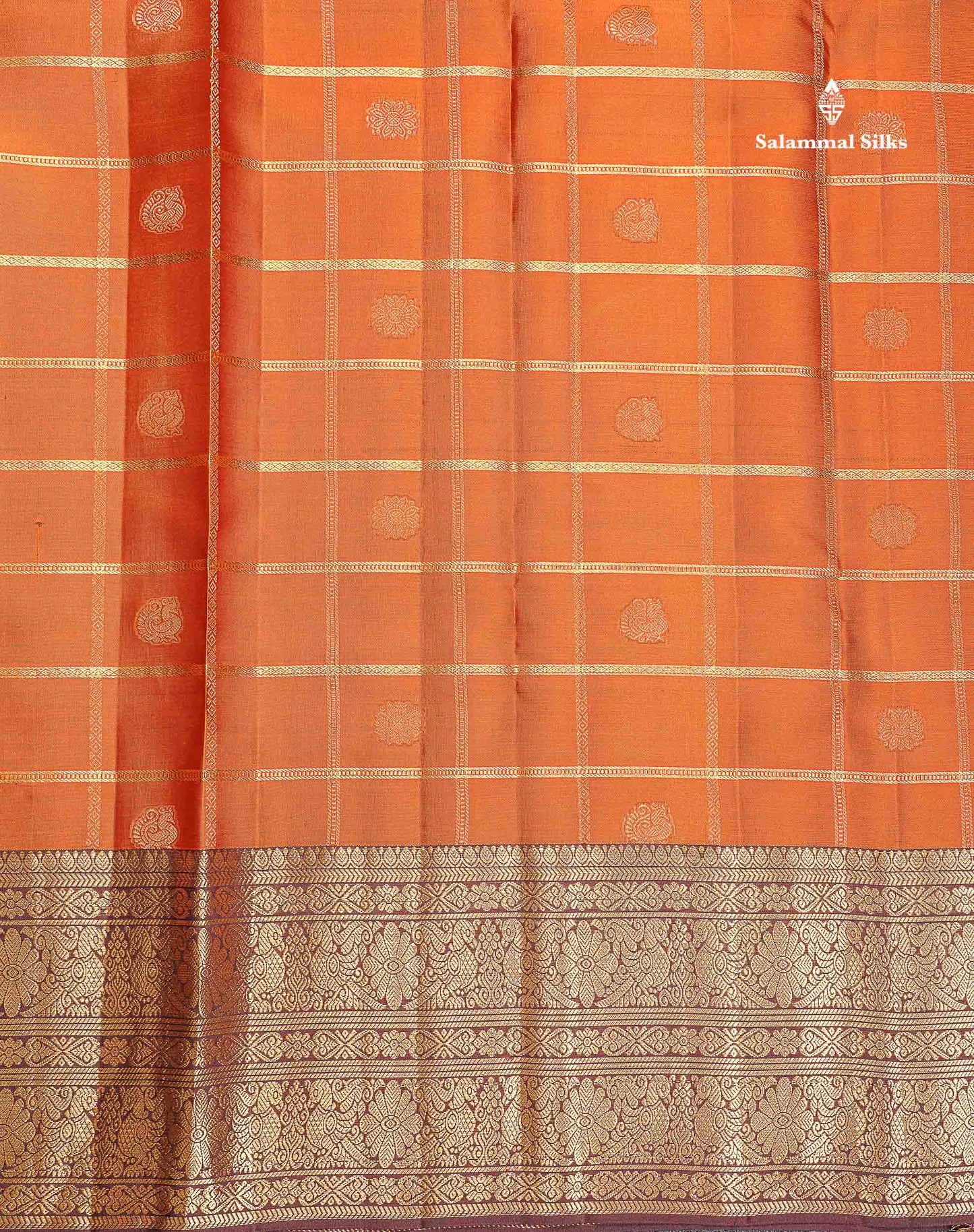 Pure Kanjivaram Silk Saree - Rust Orange Colour Body Checks With Butta & Contrast Dark Brown Long Border