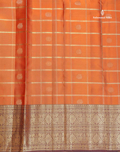 Pure Kanjivaram Silk Saree - Rust Orange Colour Body Checks With Butta & Contrast Dark Brown Long Border