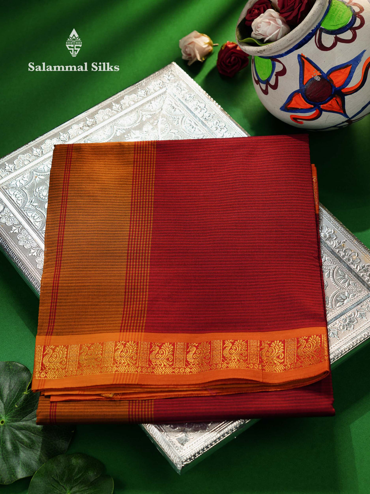 Beautiful Maroon Thread Lines Semi Silk Cotton Saree With Mustrad Yellow Traditional Border