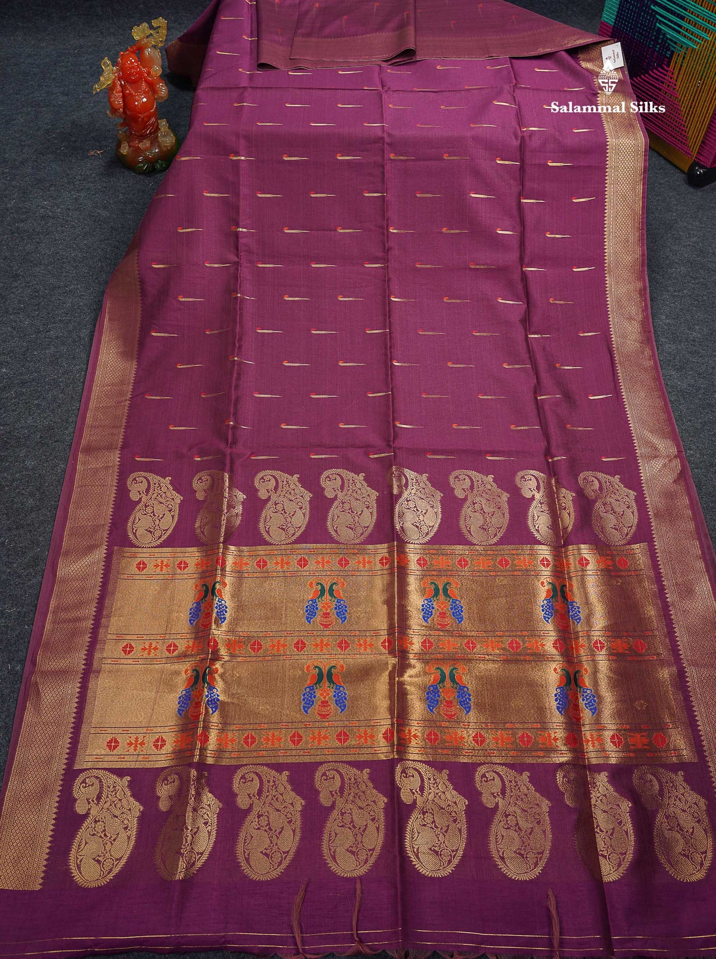 Beautiful Magenta Menakari Work With Zari Butta Konkan Semi Silk Saree With Traditional Border