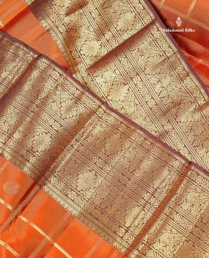 Pure Kanjivaram Silk Saree - Rust Orange Colour Body Checks With Butta & Contrast Dark Brown Long Border