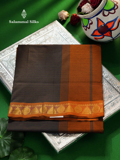 Beautiful Grey Thread Lines Semi Silk Cotton Saree With Mustrad Yellow Traditional Border