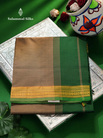 Beautiful Light Grey Thread Lines Semi Silk Cotton Saree With Bottle Green Traditional Border