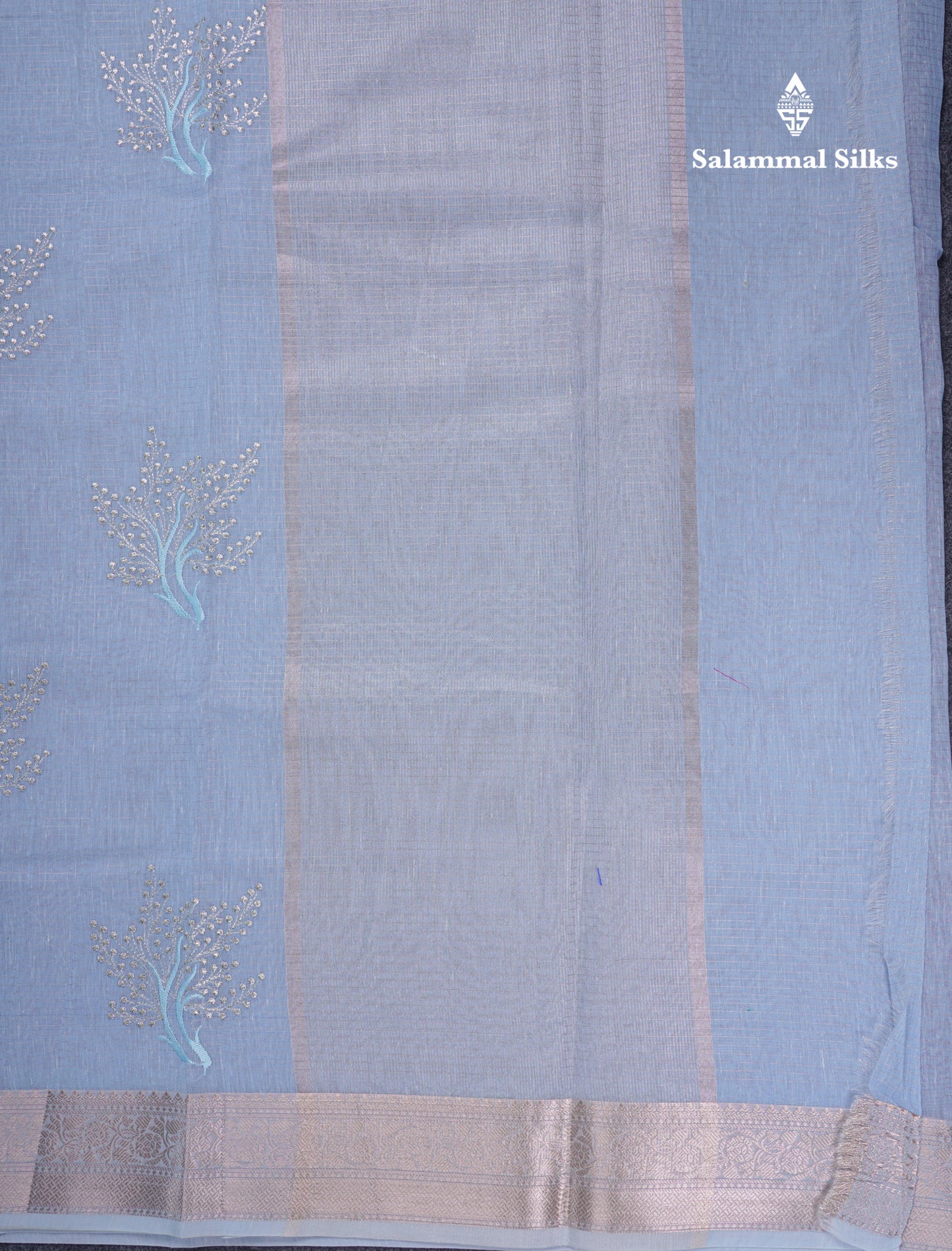 Beautiful Sapphire Green Embroidery Work Mixed Cotton Saree With Small Border