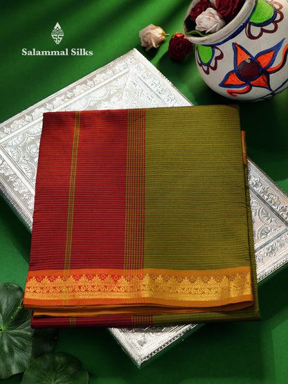Beautiful Olive Green Thread Lines Semi Silk Cotton Saree With Maroon Traditional Border