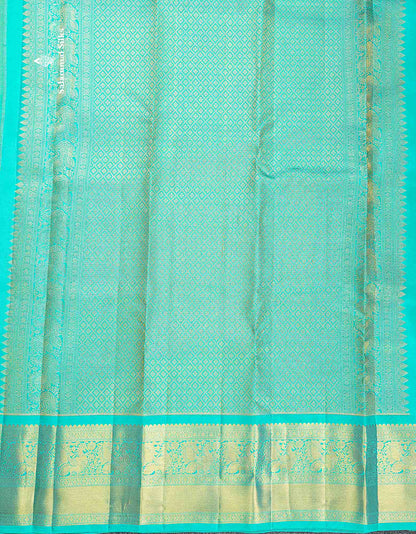 Pure Kanjivaram Silk Saree - Manthulir Green Colour Checks With Butta & Contrast Sea Green Border