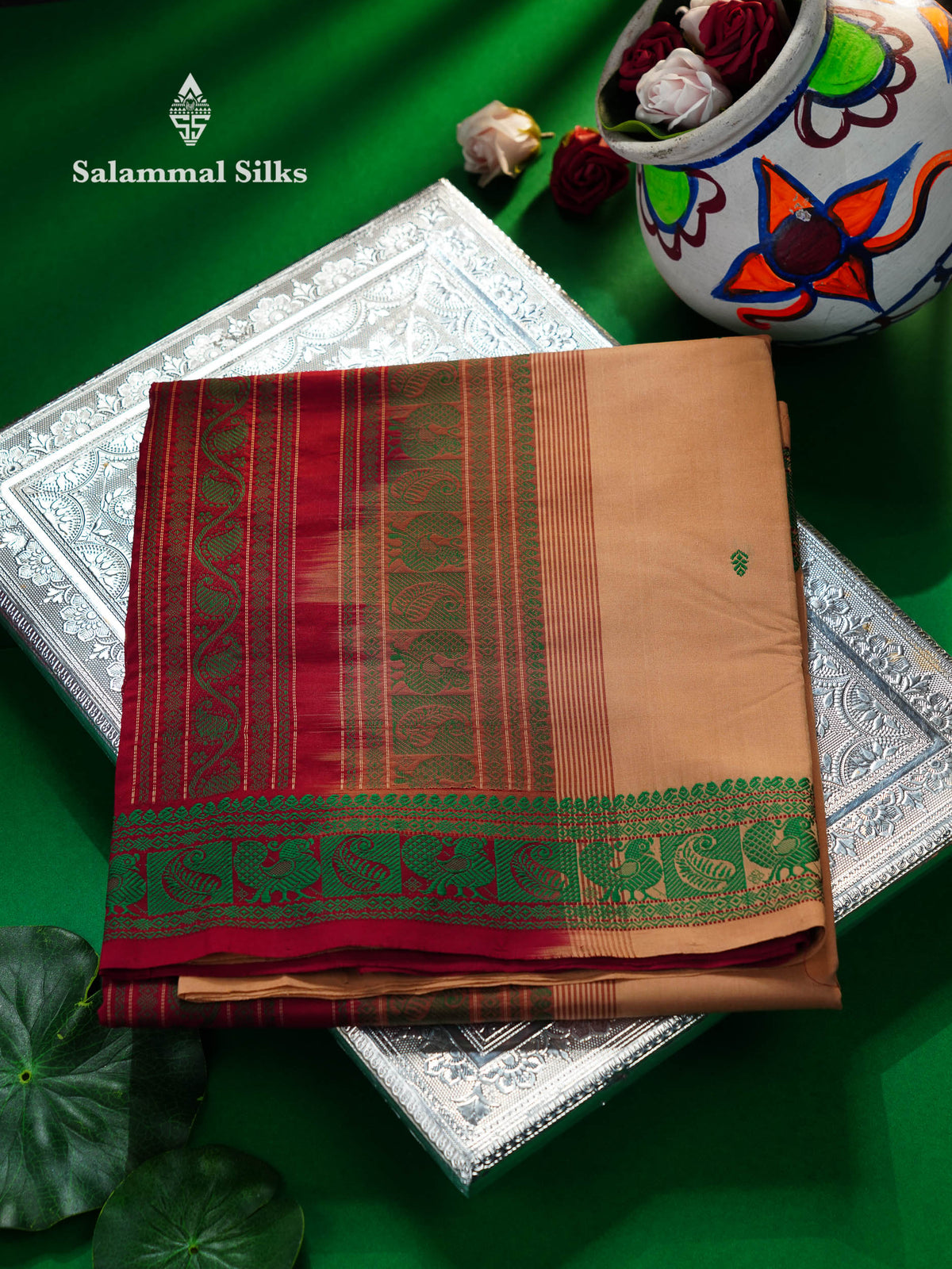 Beautiful Peach Thread Work Semi Silk Cotton Saree With Green Thread Work Border