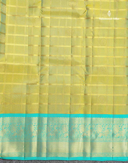 Pure Kanjivaram Silk Saree - Manthulir Green Colour Checks With Butta & Contrast Sea Green Border