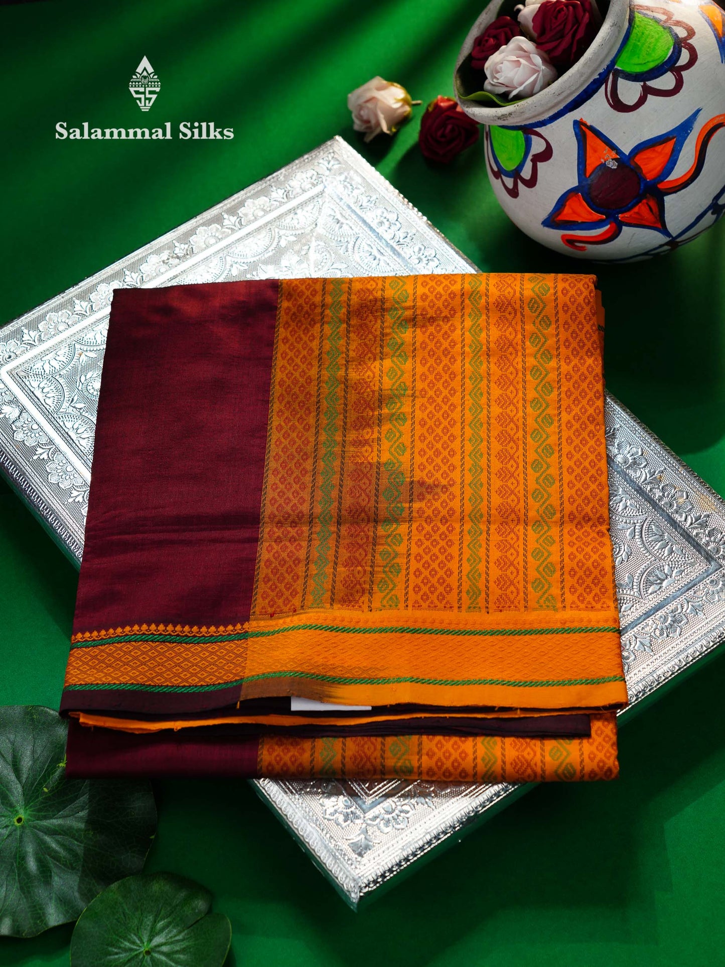 Beautiful Maroon Plain Semi Silk Cotton Saree With Yellow Traditional Thread Border