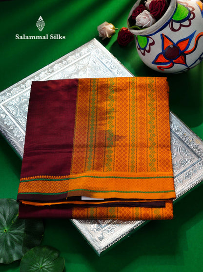 Beautiful Maroon Plain Semi Silk Cotton Saree With Yellow Traditional Thread Border