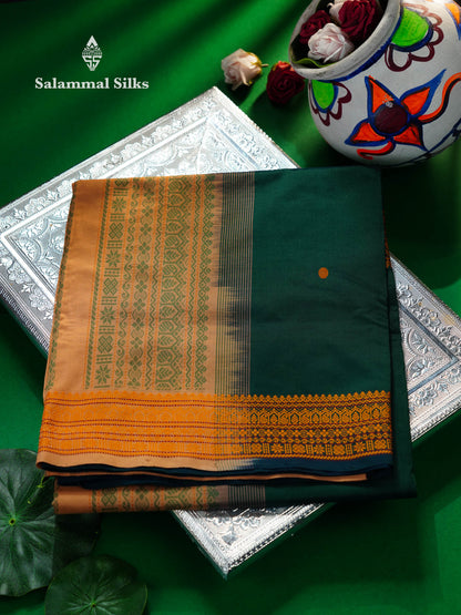 Beautiful Bottle Green Thread Work Buttas Semi Silk Cotton Saree With Yellow Thread Border