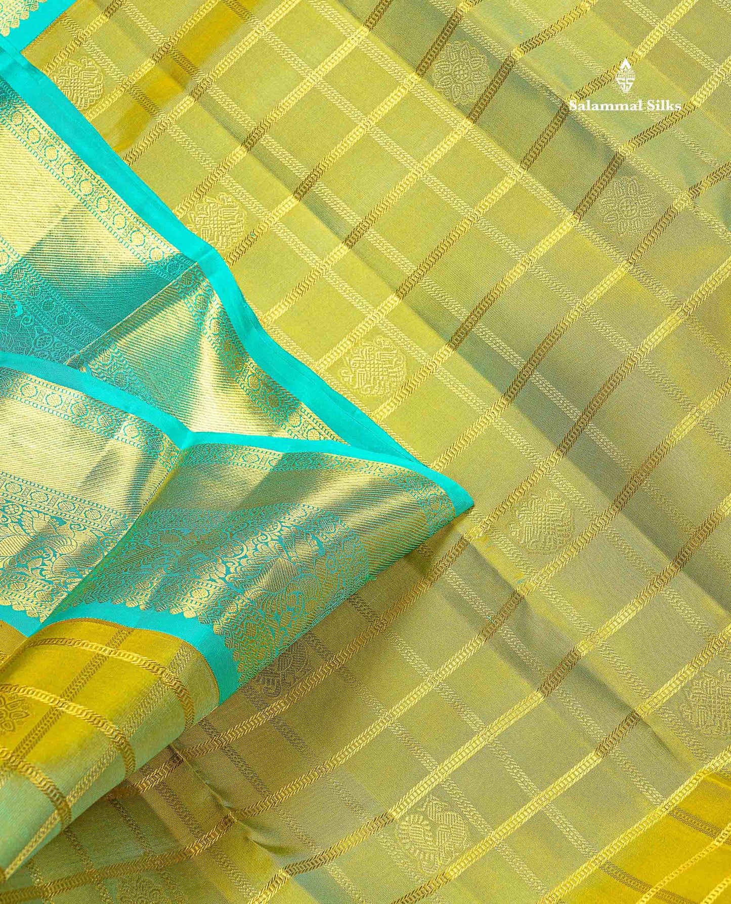 Pure Kanjivaram Silk Saree - Manthulir Green Colour Checks With Butta & Contrast Sea Green Border