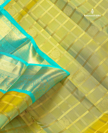 Pure Kanjivaram Silk Saree - Manthulir Green Colour Checks With Butta & Contrast Sea Green Border