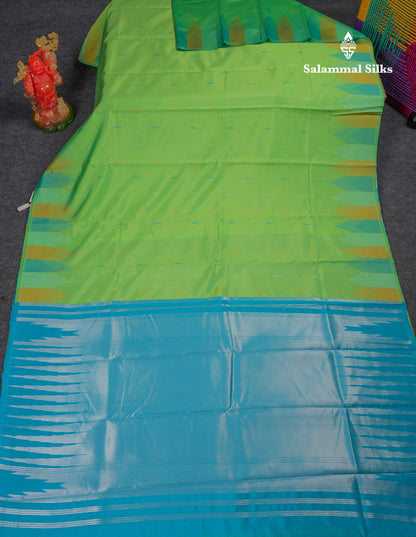 Beautiful Light Purple Malli Mogu Butta Semi Silk Saree With Traditional Temple Border