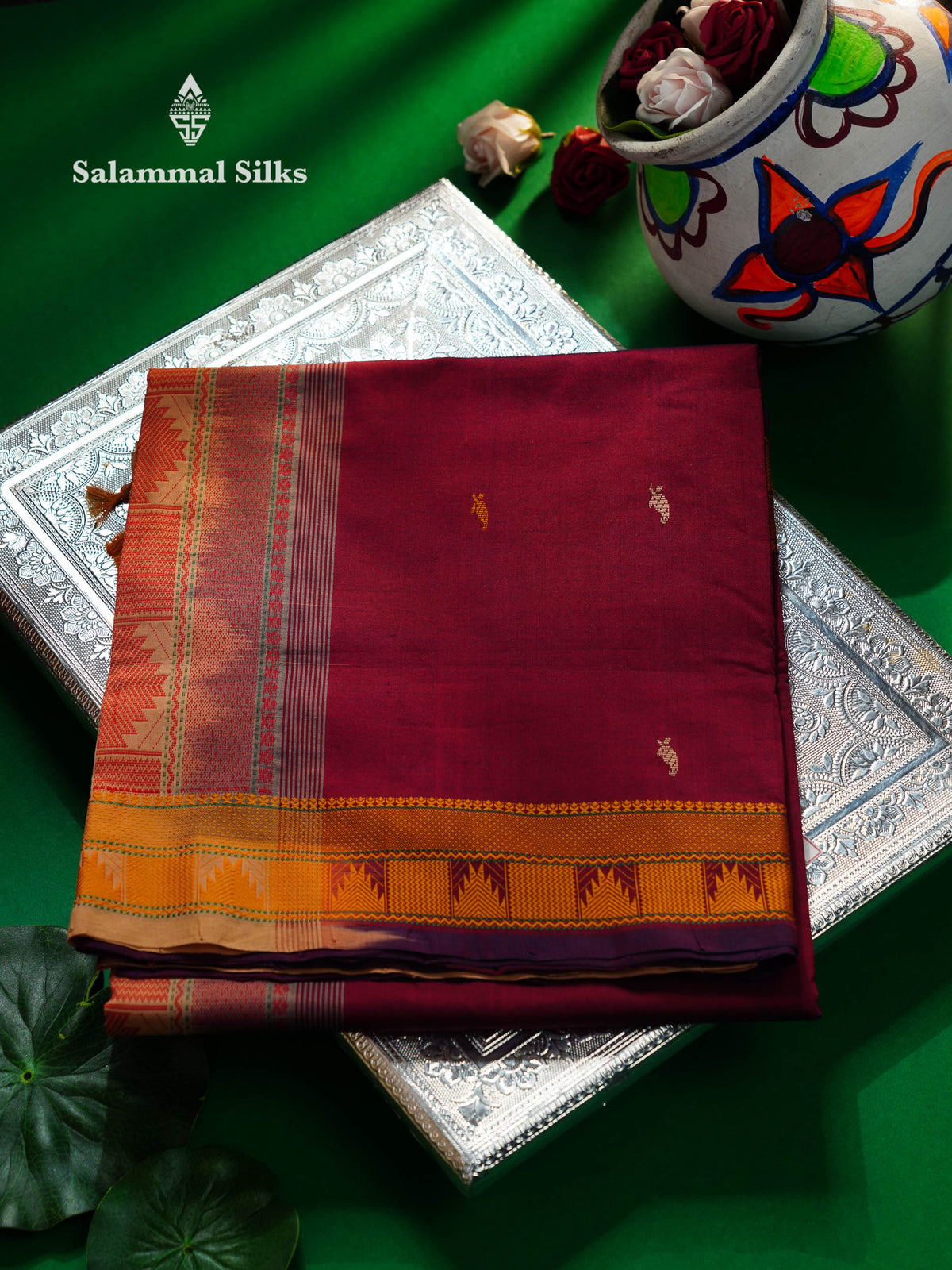 Beautiful Dual Tone Maroon Thread Work Buttas Semi Silk Cotton Saree With Yellow Thread Border