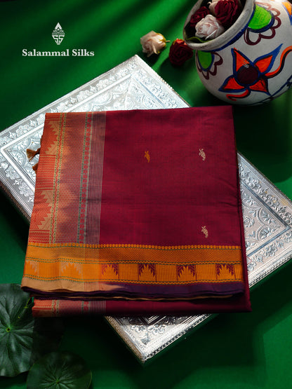 Beautiful Dual Tone Maroon Thread Work Buttas Semi Silk Cotton Saree With Yellow Thread Border