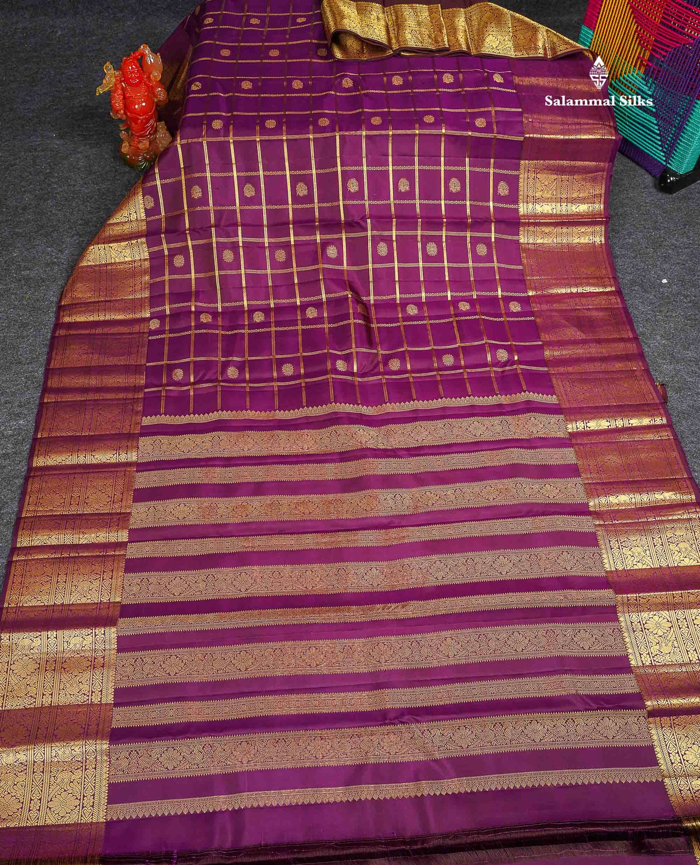 Pure Kanjivaram Silk Saree - Magenta Colour Body Checks With Butta & Traditional Border