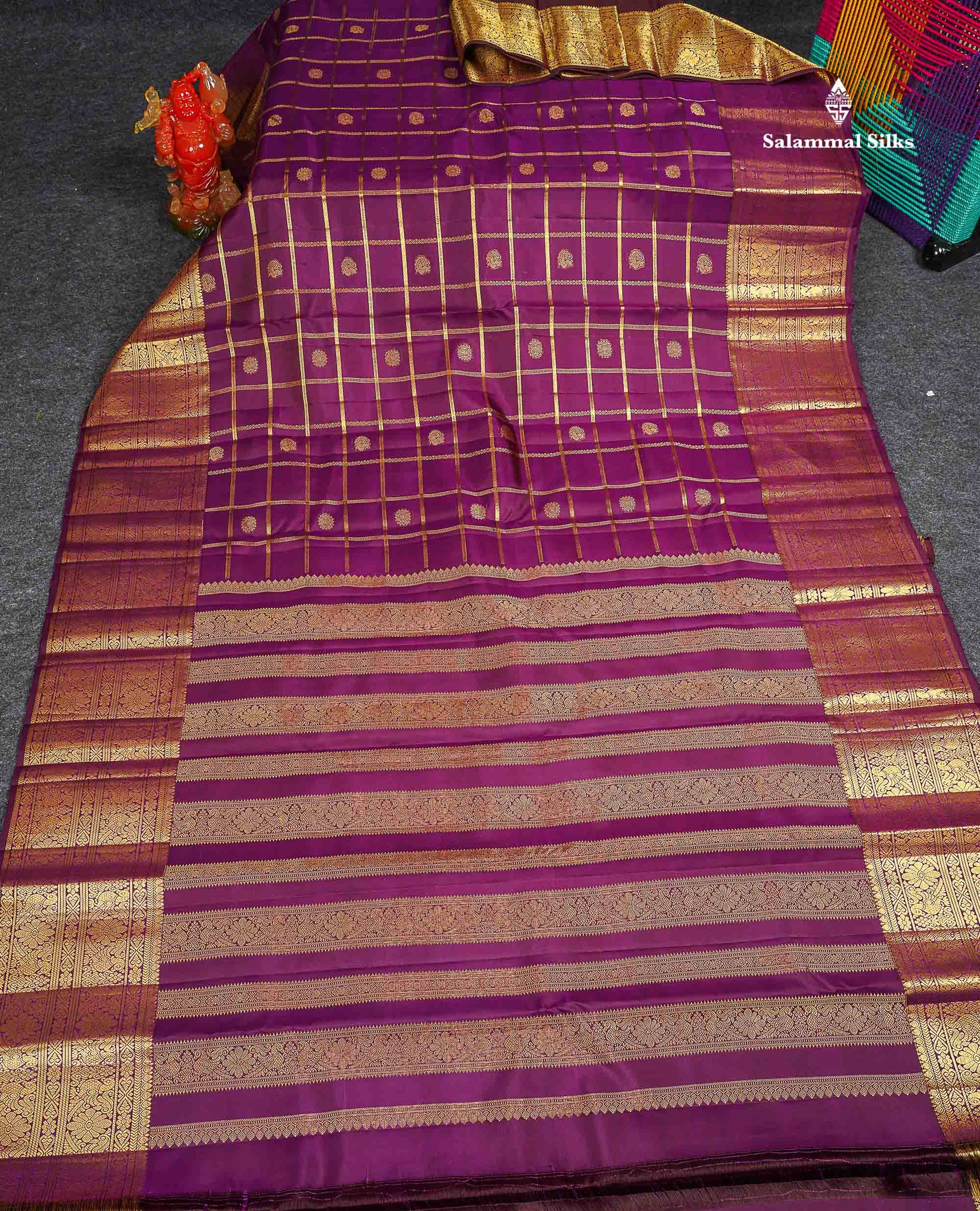 Pure Kanjivaram Silk Saree - Magenta Colour Body Checks With Butta & Traditional Border