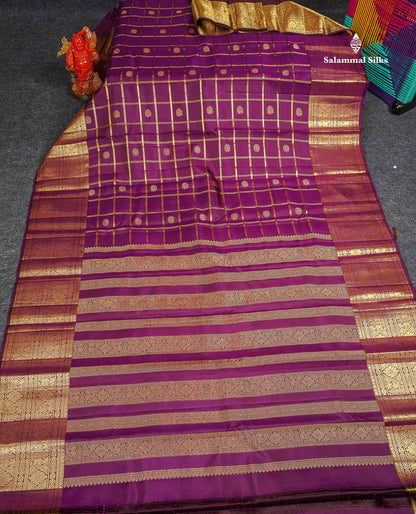 Pure Kanjivaram Silk Saree - Magenta Colour Body Checks With Butta & Traditional Border