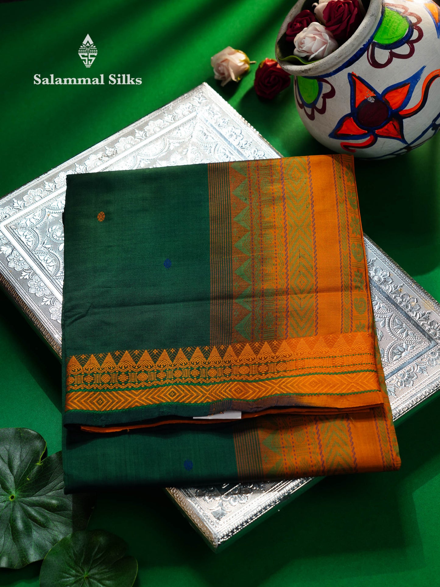 Beautiful Bottle Green Thread Buttas Semi Silk Cotton Saree With Yellow Thread Border