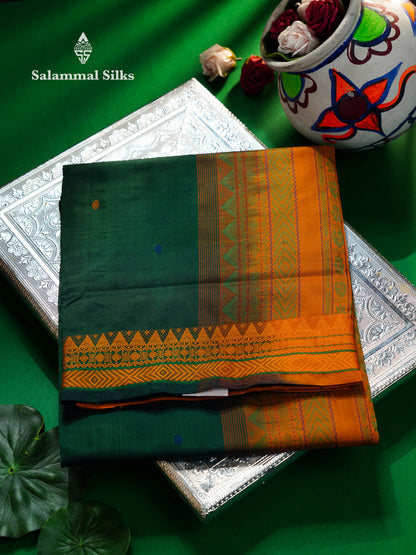 Beautiful Bottle Green Thread Buttas Semi Silk Cotton Saree With Yellow Thread Border