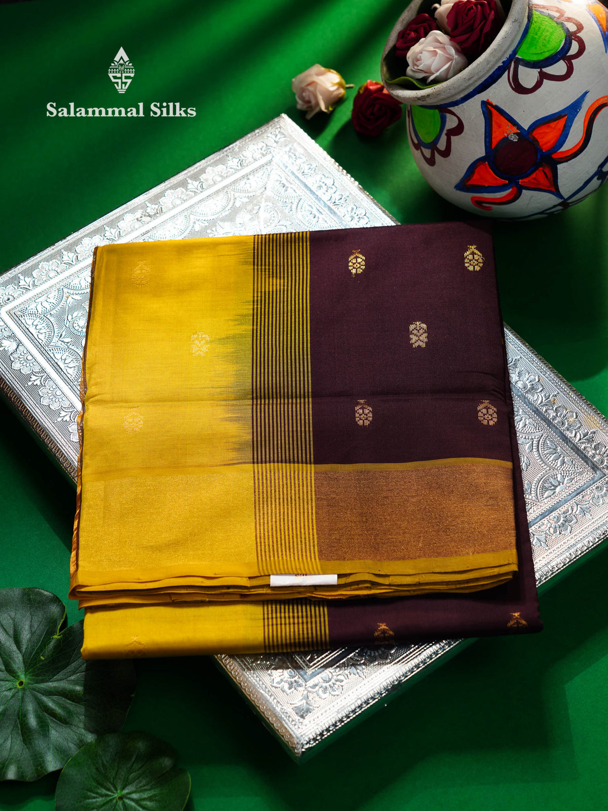 Beautiful Dark Brown Zari Butta Semi Silk Cotton Saree With Contrast Lemon Yellow Tissue Border