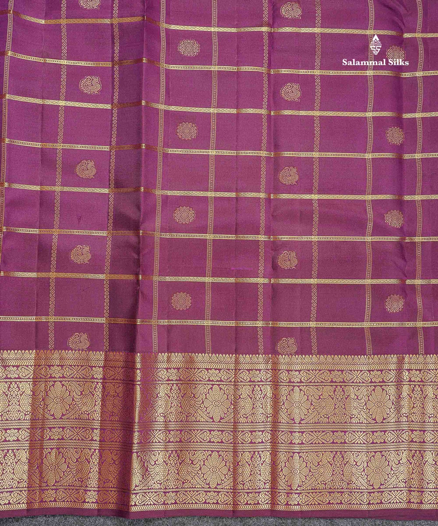 Pure Kanjivaram Silk Saree - Magenta Colour Body Checks With Butta & Traditional Border