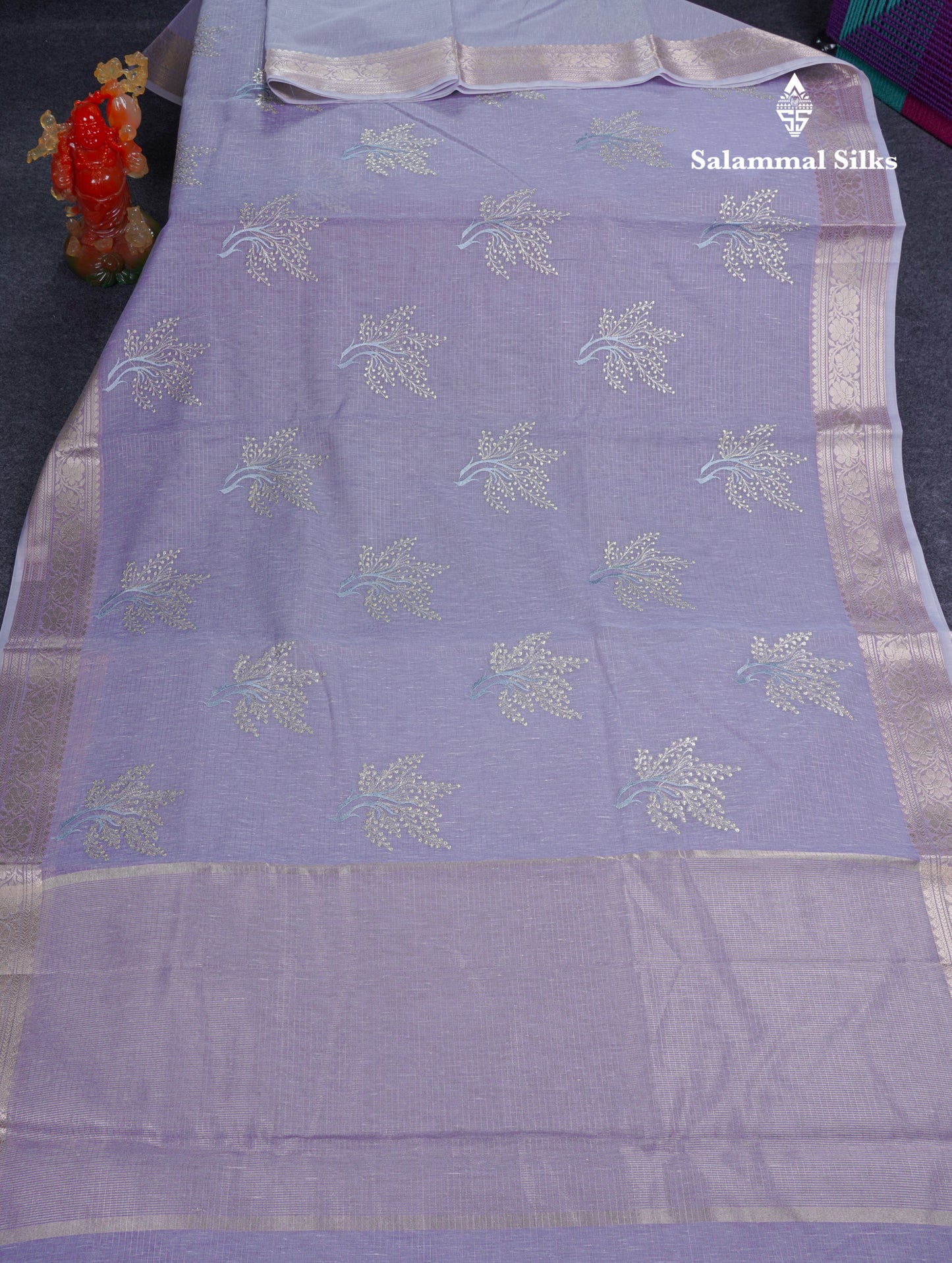 Beautiful Sapphire Green Embroidery Work Mixed Cotton Saree With Small Border