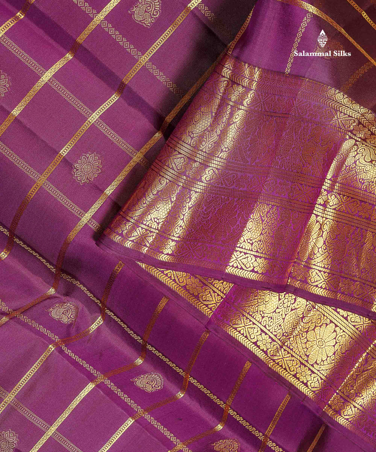 Pure Kanjivaram Silk Saree - Magenta Colour Body Checks With Butta & Traditional Border