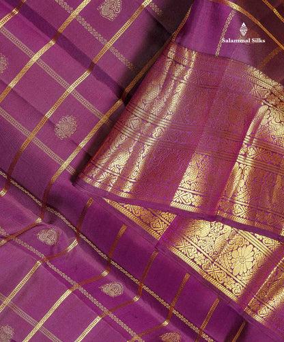 Pure Kanjivaram Silk Saree - Magenta Colour Body Checks With Butta & Traditional Border