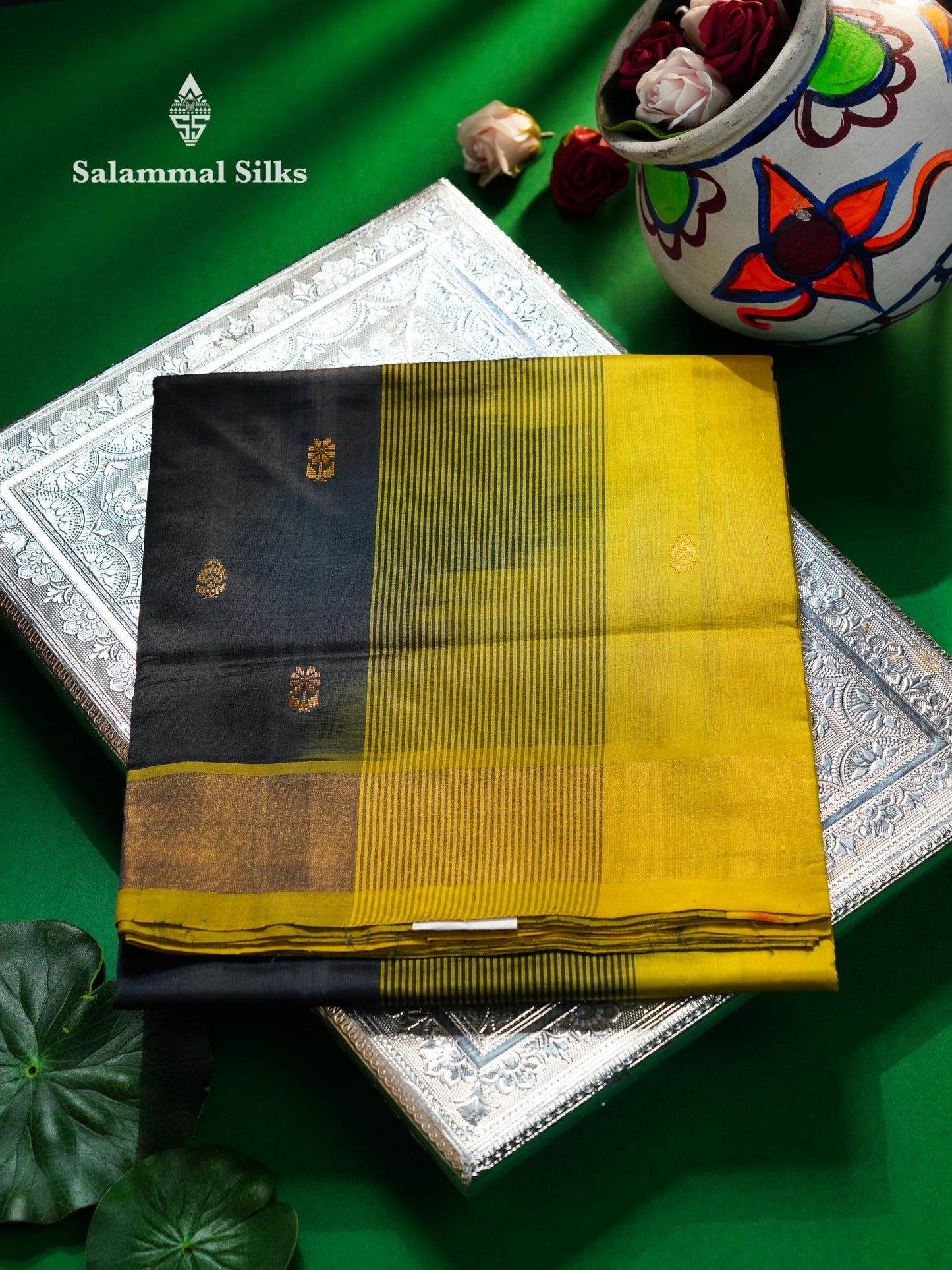 Beautiful Dark Brown Zari Butta Semi Silk Cotton Saree With Contrast Lemon Yellow Tissue Border