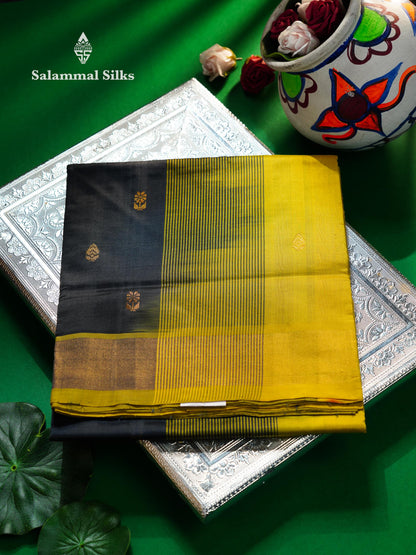 Beautiful Dark Brown Zari Butta Semi Silk Cotton Saree With Contrast Lemon Yellow Tissue Border