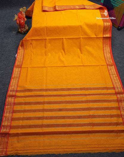 Beautiful Yellow Plain Pure Cotton Saree With Contrast Orange Traditional Border