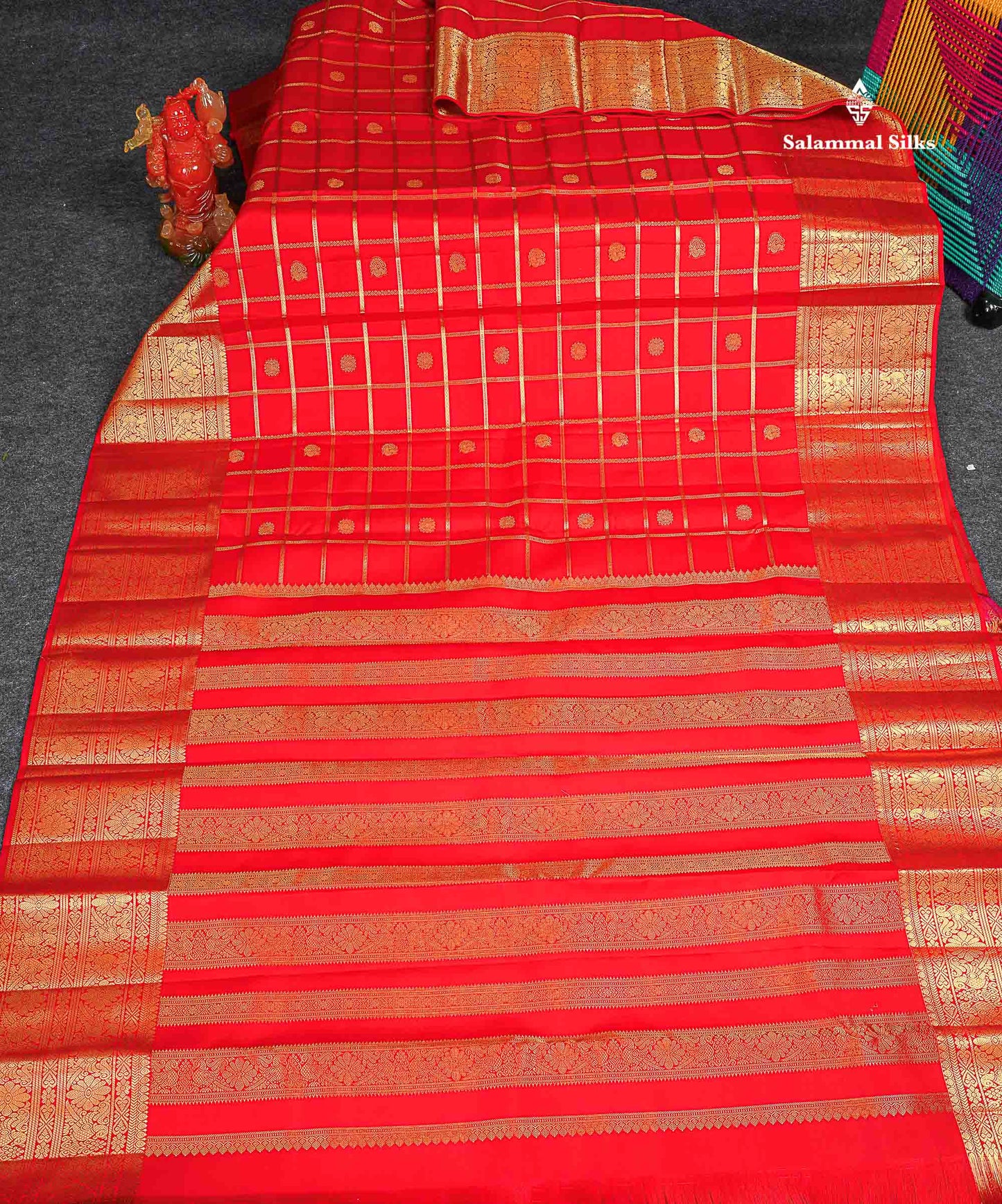 Pure Kanjivaram Silk Saree - Chilly Red Colour Body Checks With Butta & Traditional Long Border