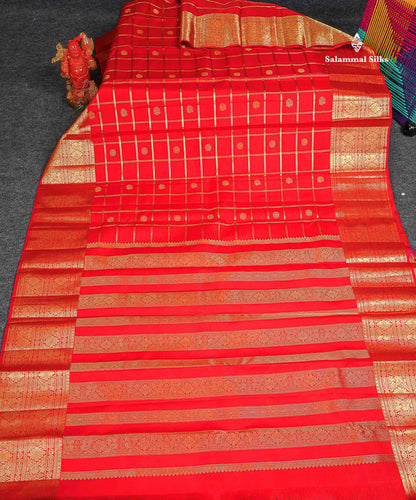 Pure Kanjivaram Silk Saree - Chilly Red Colour Body Checks With Butta & Traditional Long Border