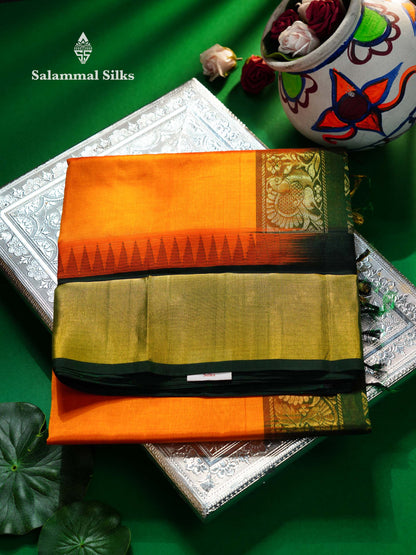 Beautiful Mango Yellow Plain Handloom Pure Silk Cotton Saree With Bottle Green Traditional Temple Border